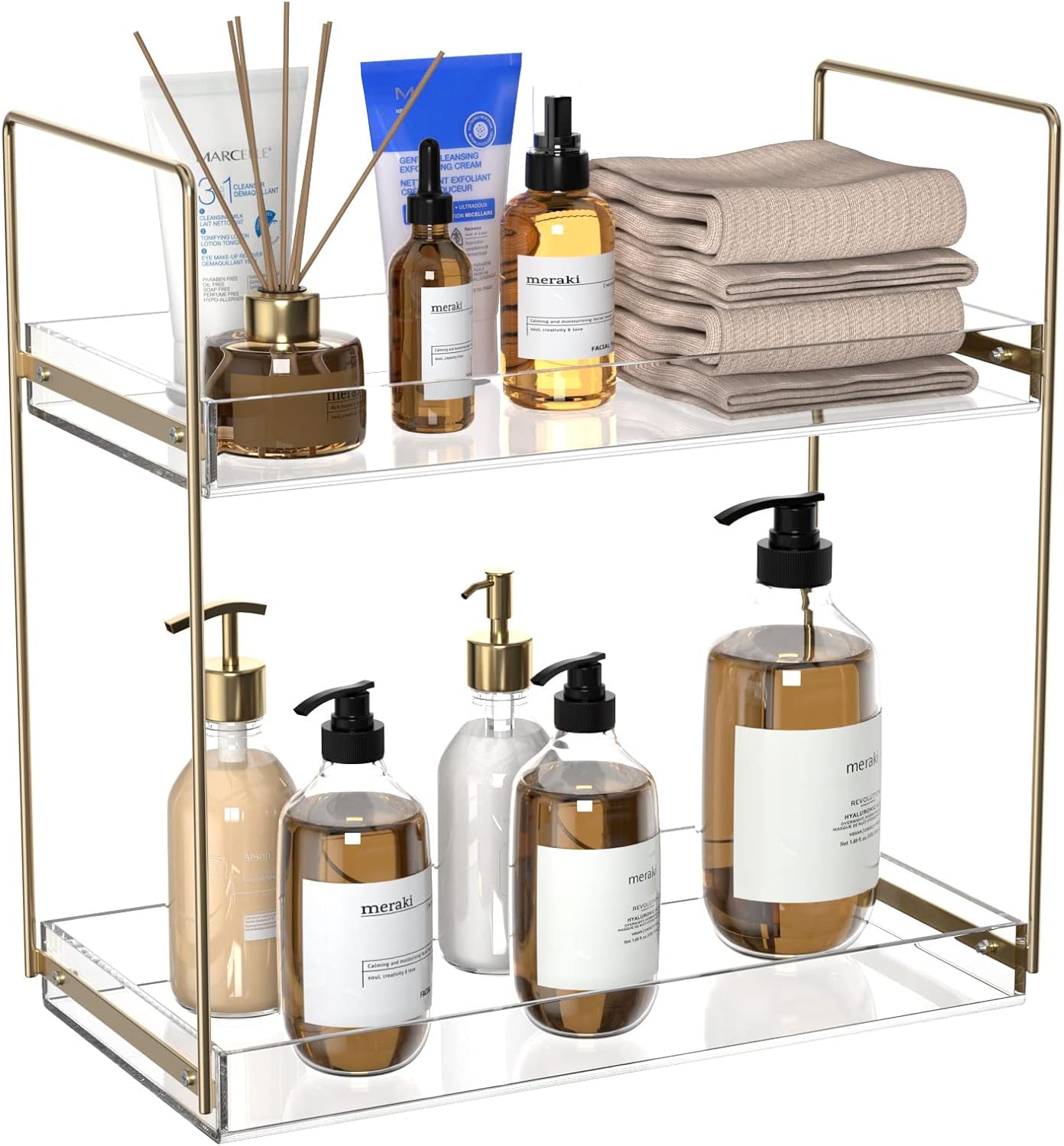 Bathroom Countertop Organizer, 2 Tier Acrylic Tray Vanity Counter Skincare Organizer Shelf, Kitchen Under Sink Standing Rack, Home Storage Holder for Lotion Makeup Cosmetics Perfume Spice, Gold