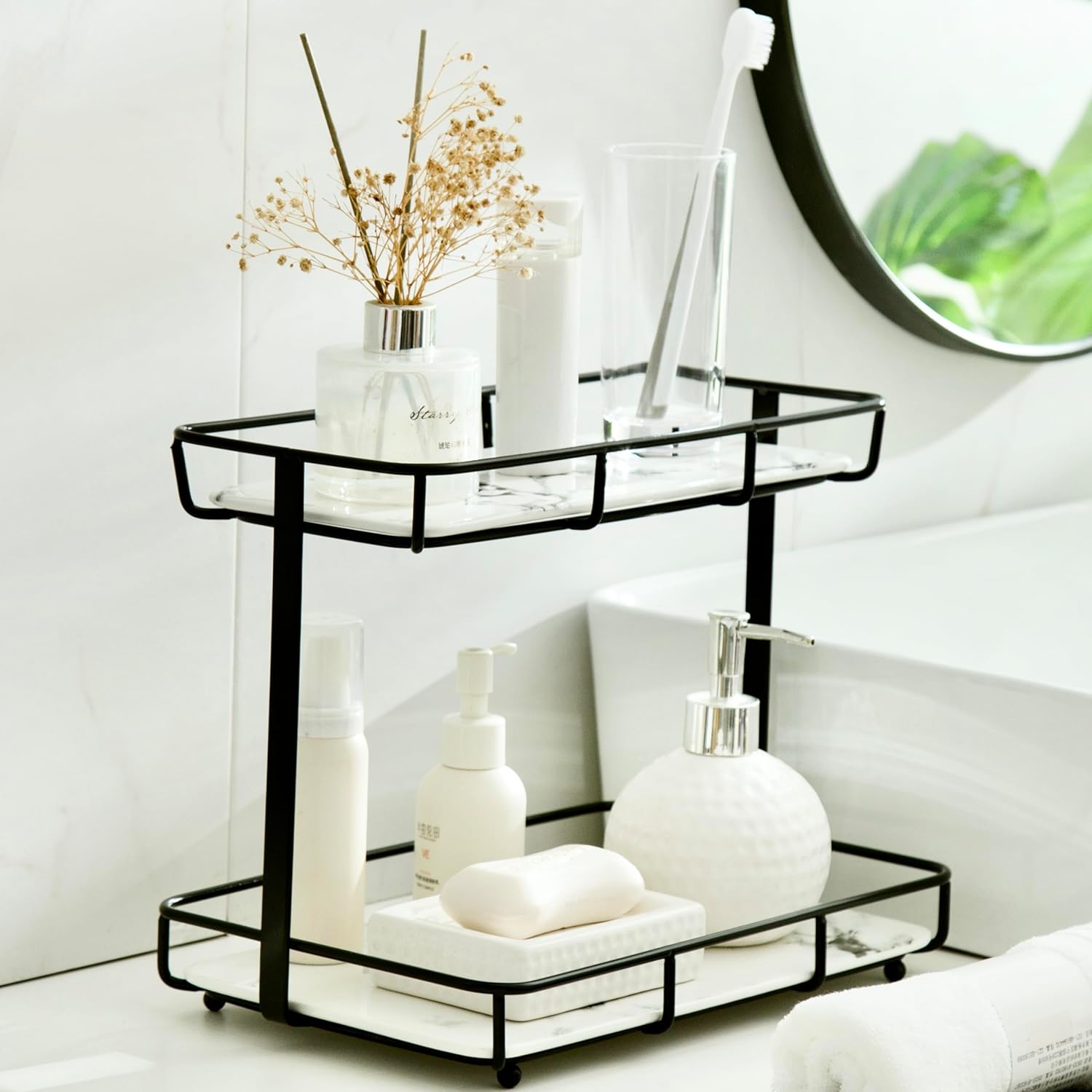 Bathroom Organizer Countertop Perfume Organizer Makeup Organizer Cosmetics Storage Display Rack 2 Tier Vanity Tray Dresser Stainless Steel Sliver Shelf White Marble Print Ceramic Tray L