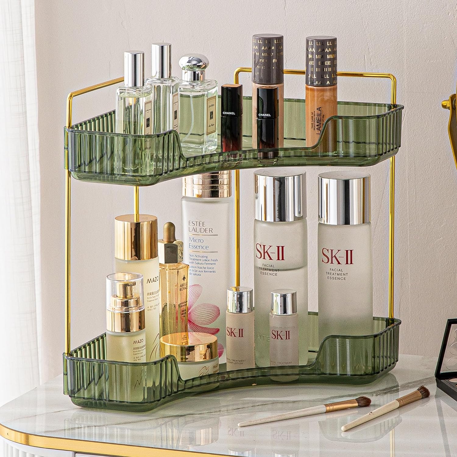 Corner Bathroom Organizer Countertop Perfume Organizer Makeup Tray for Vanity Cosmetic Storage Shelf Spice Rack for Kitchen(2-Tier Green)