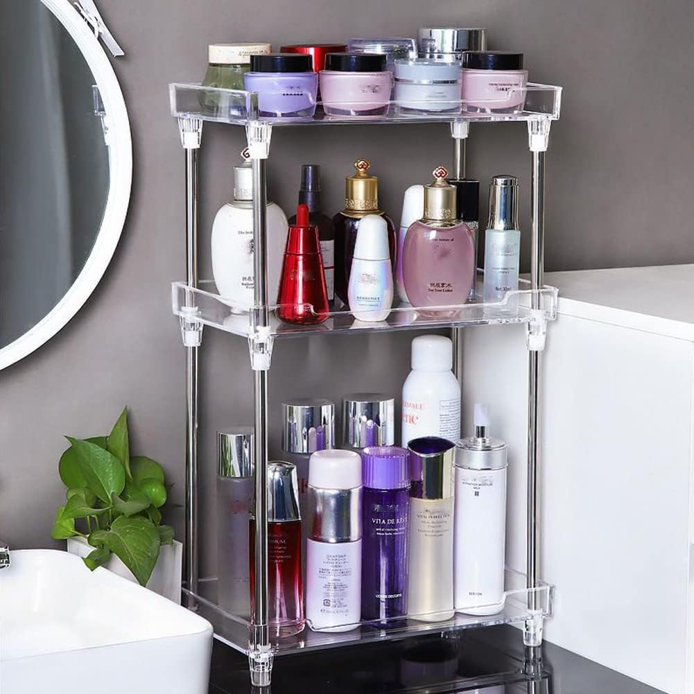 Bathroom Organizer Countertop Storage Clear 3 Tier Skincare Organizer Acrylic Corner Shelf Rack Stand for Makeup Cosmetic Perfume Vanity Tray Kitchen Living Room Supplies