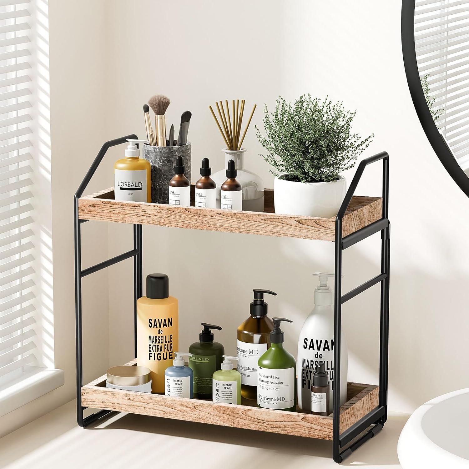 HAMITOR Adjustable 2-Tier Bathroom Countertop Organizer: No Screws Quick Installation Solid Wood Vanity Trays Standing Cosmetic Storage Shelf for Bath Organization Decor - Bedroom Kitchen Spice Rack