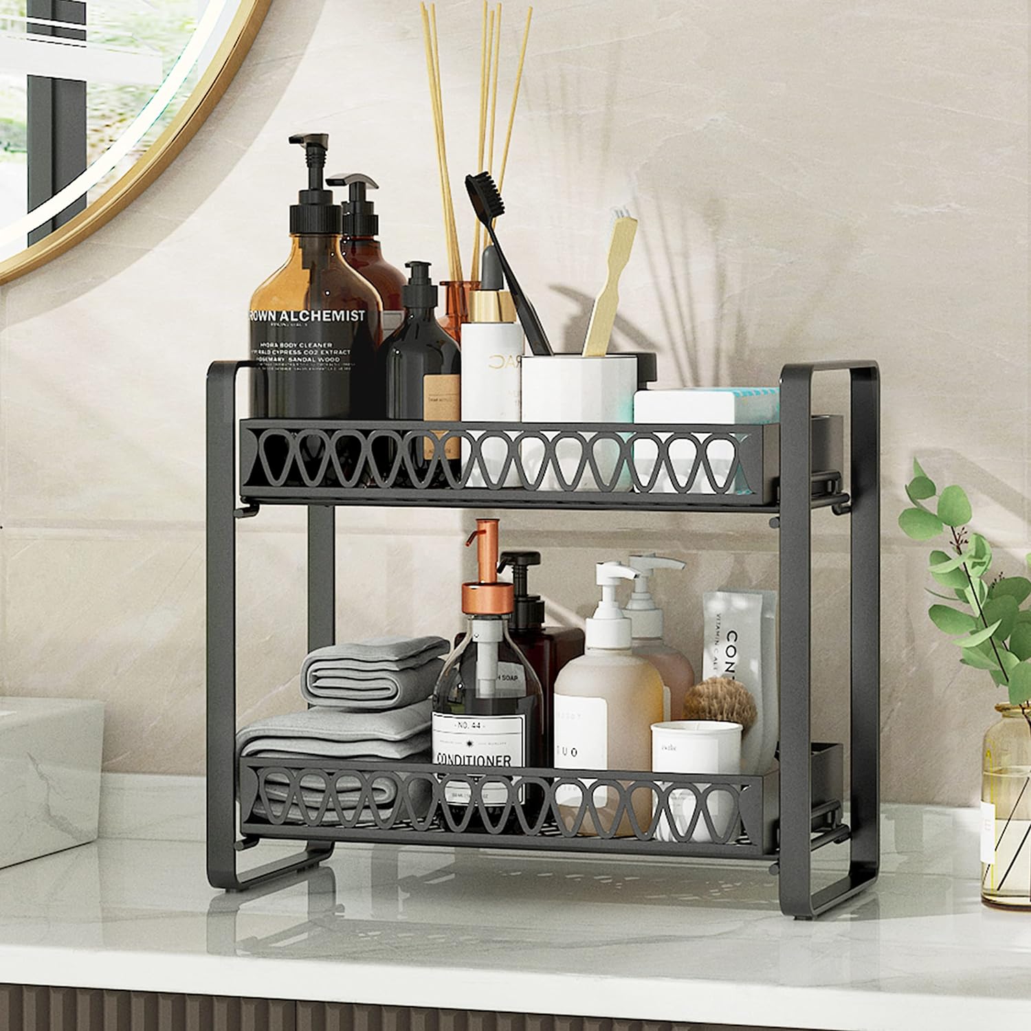 2 Tier Bathroom Counter Organizer, Makeup and Cosmetic Organizer Rack, Bathroom Vanity Storage Tray, Farmhouse Counter Standing Holder Shelf, Black