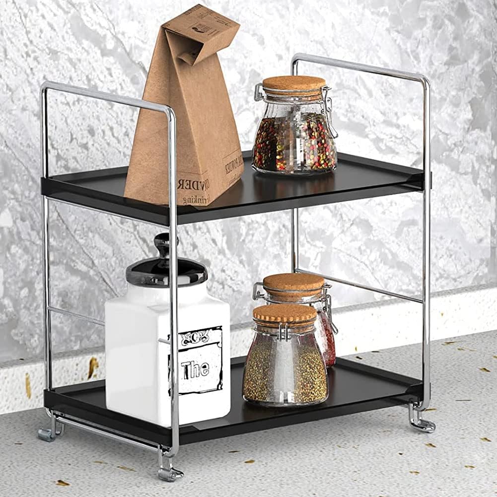 Plastic/Metal Freestanding Stackable Organizer Shelf,Bathroom Countertop Storage Shelf Cosmetic Organizer Holder Kitchen Spice Rack,2-Tier Standing Rack (Silver & Black)