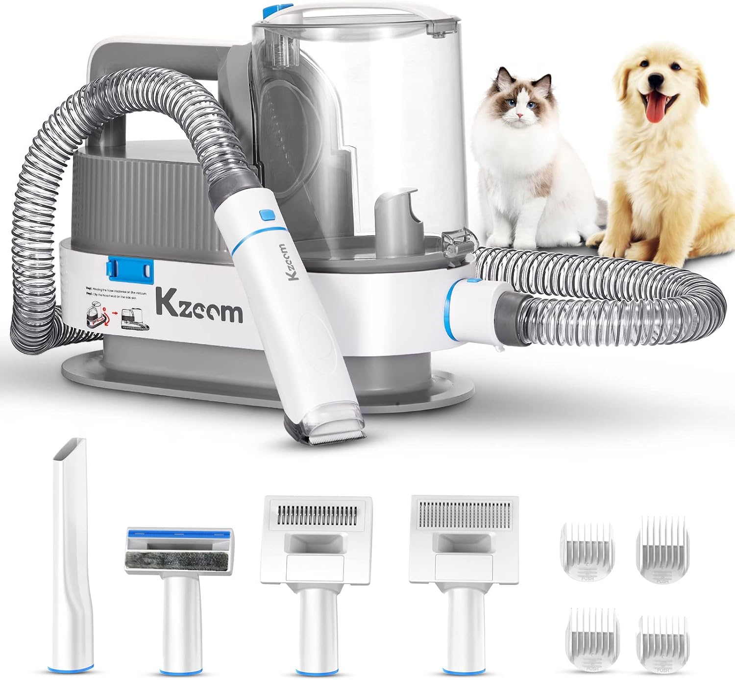 Pet Grooming Kit with Vacuum Suction - 5 Tools, Low Noise Clippers Pick Up 99% Hair (White 1)