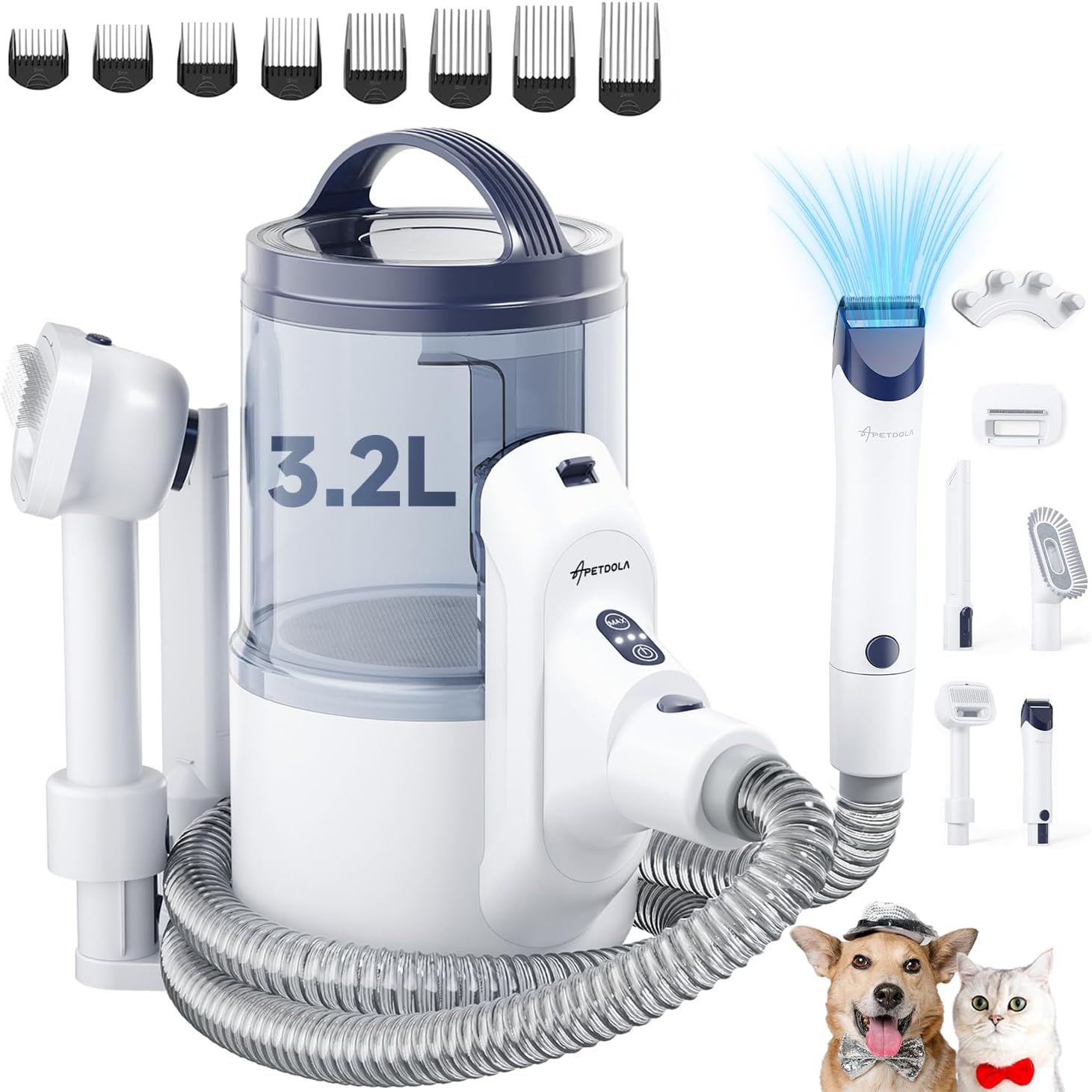 Dog Grooming Vacuum, 5 in 1 Pet Grooming Kit for Shedding with 3.2 L Large Dust Cup, Grooming Vacuum for Dogs & Cats at Home Quiet, 3 Modes of Vacuum Suction to 18Kpa, 8 Guard Combs