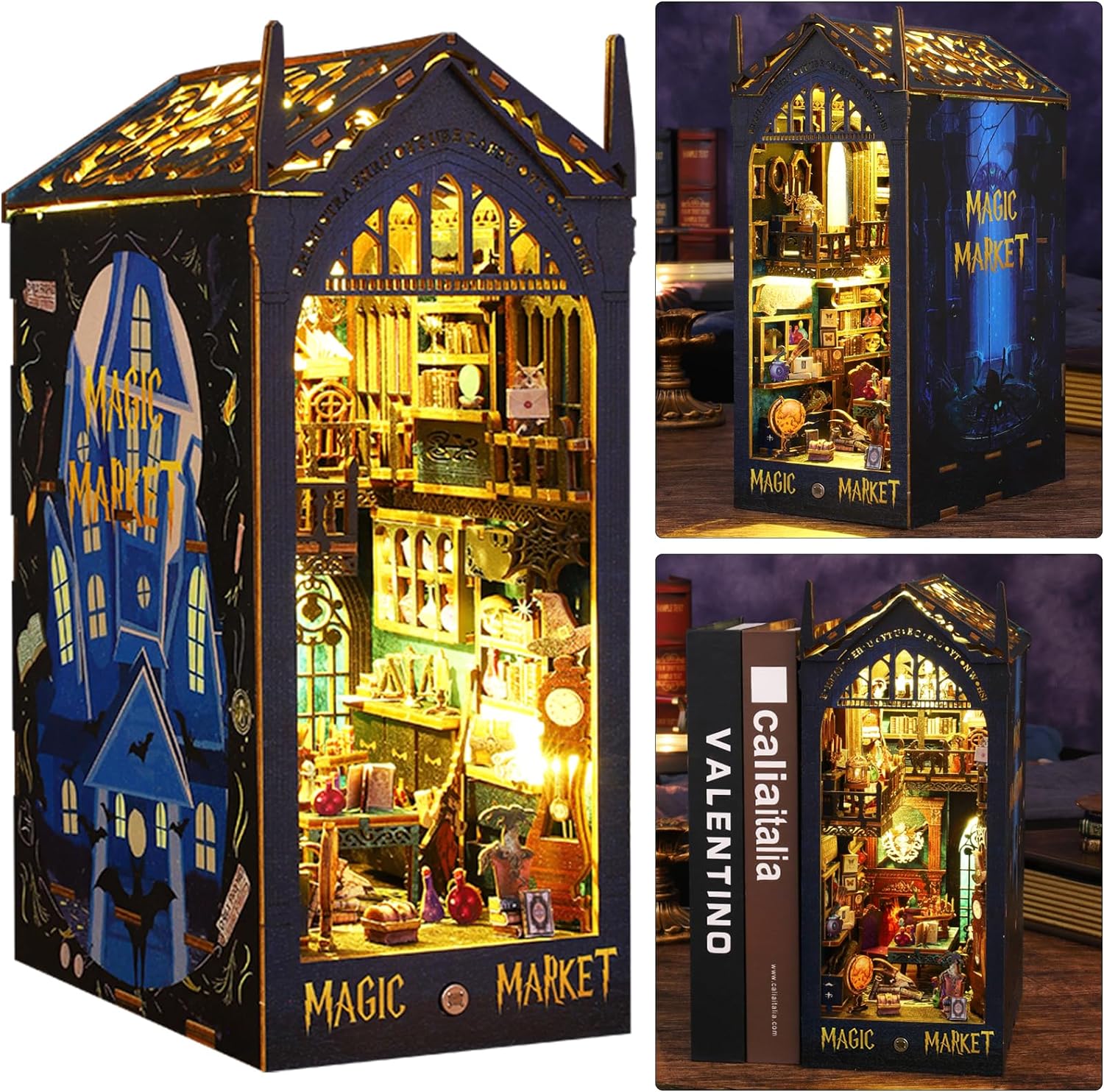 ISSEVE DIY Book Nook Miniature Kits for Adults, 3D Wooden Puzzle Dollhouse Miniature House Kit for Book Nook Shelf Insert Decor, Creative Assembled Bookends Bookshelf with Sensor Light (Magic Market)