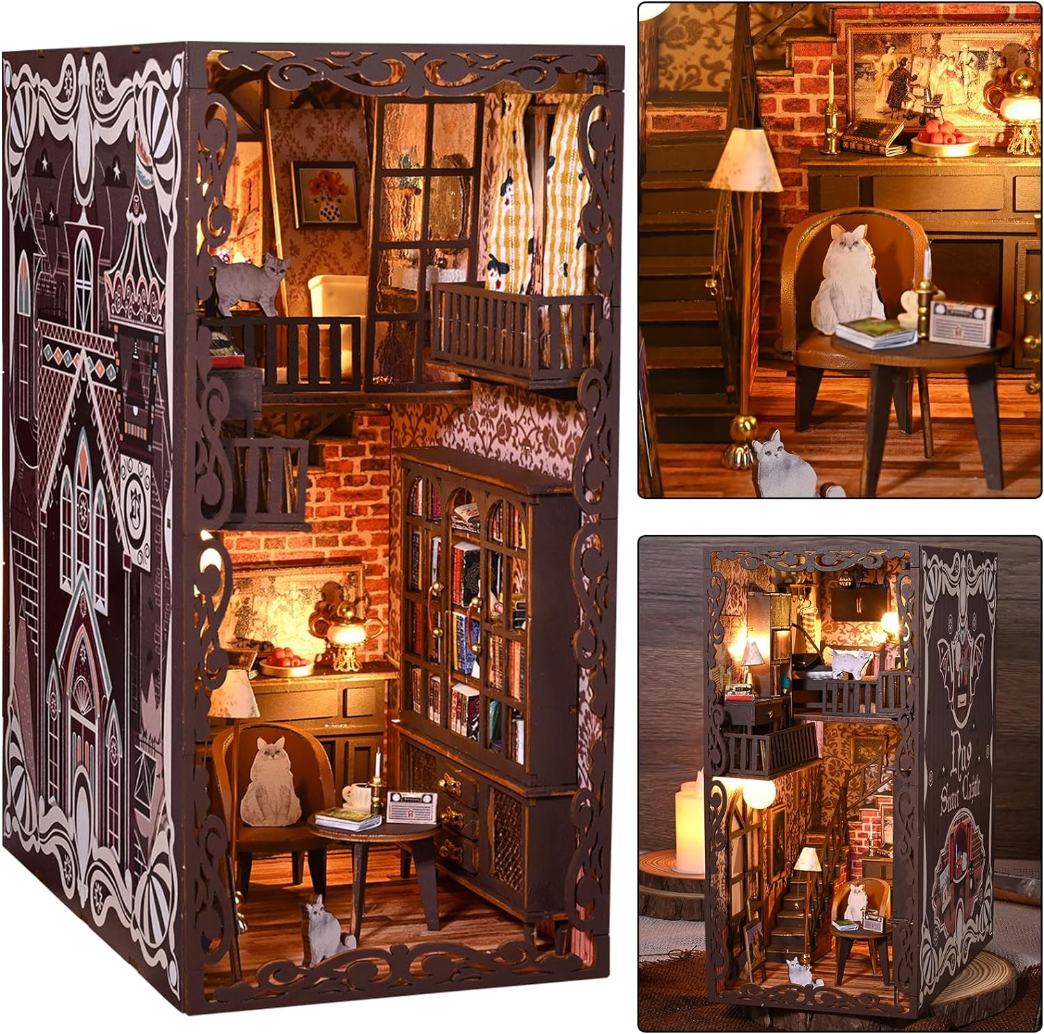 ISSEVE DIY Book Nook Miniature Kits for Adult, 3D Wooden Puzzle Dollhouse Miniature House Kit for Book Nook Shelf Insert Decor, Creative Assembled Bookends Bookshelf with Sensor Light (Secret Castle)