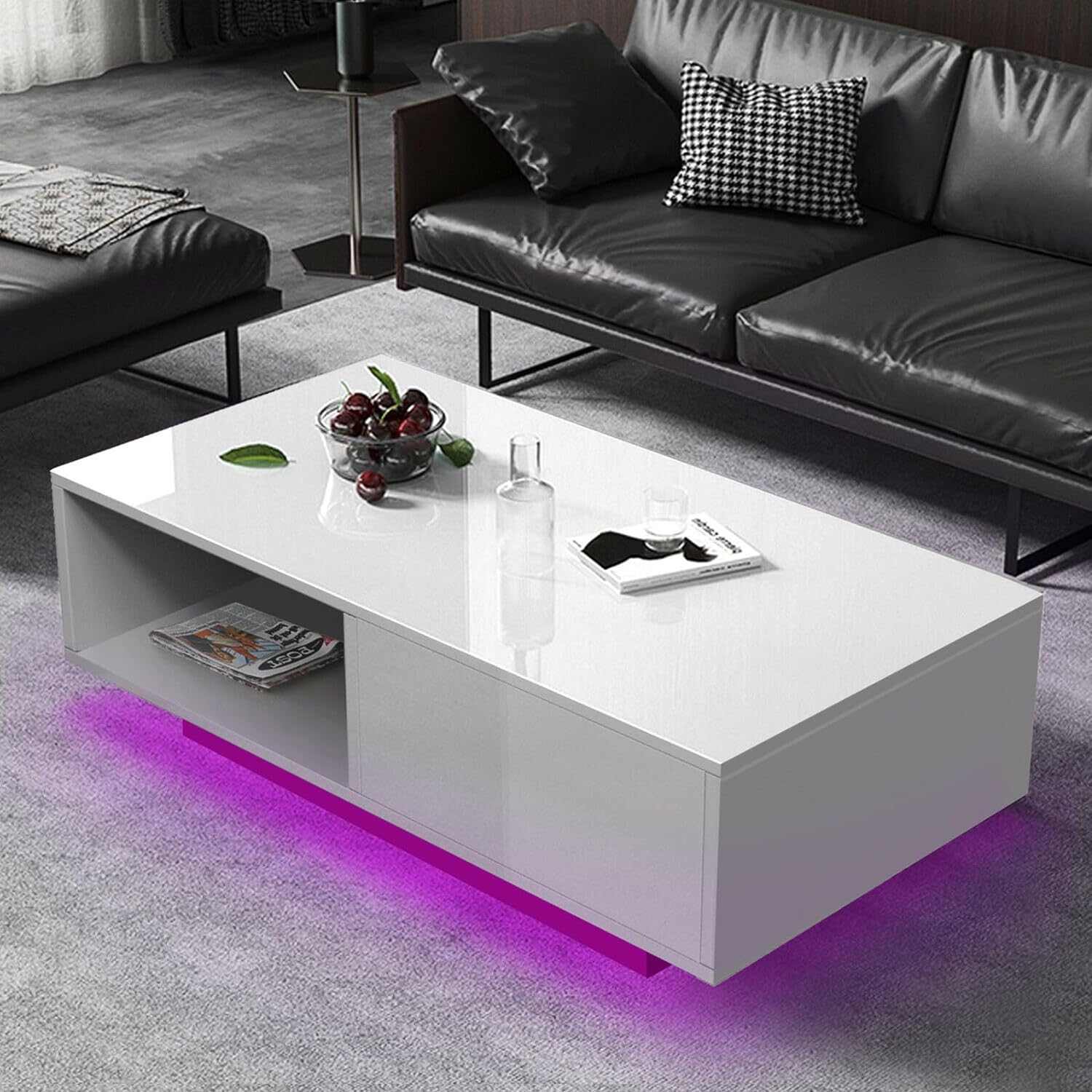 COSVALVE High Gloss White LED Coffee Table with 16 Colors LED Lights, Living Room Side Table, Modern Sofa Table Glossy Storage Table with Drawer White (AA Battery)