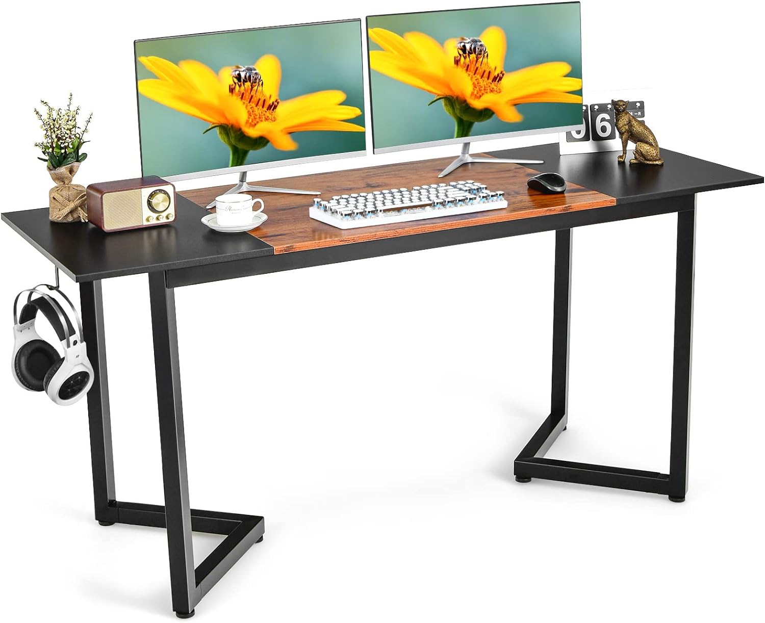 Tangkula 63 Inch Large Home Office Computer Desk, Simple Study Writing Desk w/Splice Board, Industrial Computer Table Workstation w/Metal Frame & Hook, Rectangular Dining Table Conference Table