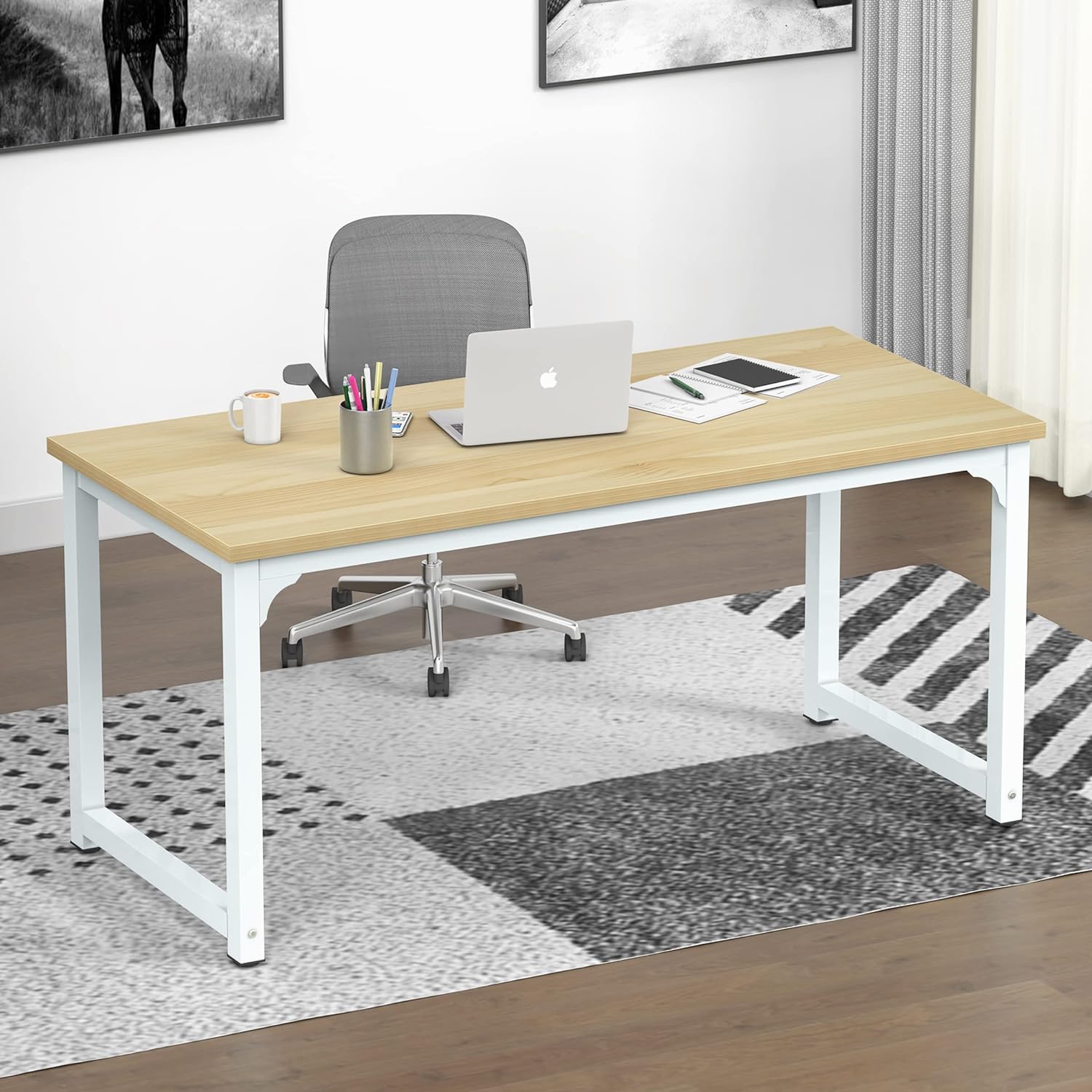 NSdirect 63 Computer Desk,Large Home Office Desk Wide Workstation 1 inch Thicker Tabletop for Writing,Games and Home Work PC Desk Modern Finish Wood Board and Sturdy Steel Legs,Oak White