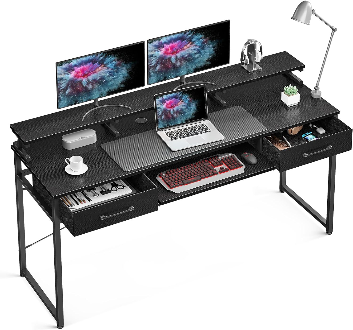 ODK Computer Desk Study Table, 63 Inch Office Desk with Drawers and Keyboard Tray, Study Desk Work Desk with Monitor Shelf, Writing Desk with Storage for Home Office, Black