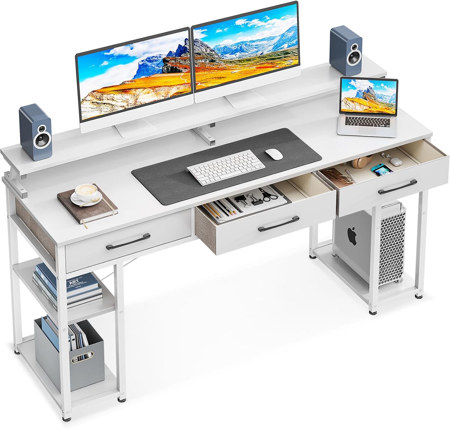 ODK Computer Desk with Drawers and Storage Shelves, 63 inch Home Office Desk with Monitor Stand, Modern Work Study Writing Table Desk for Small Spaces, White + White Leg