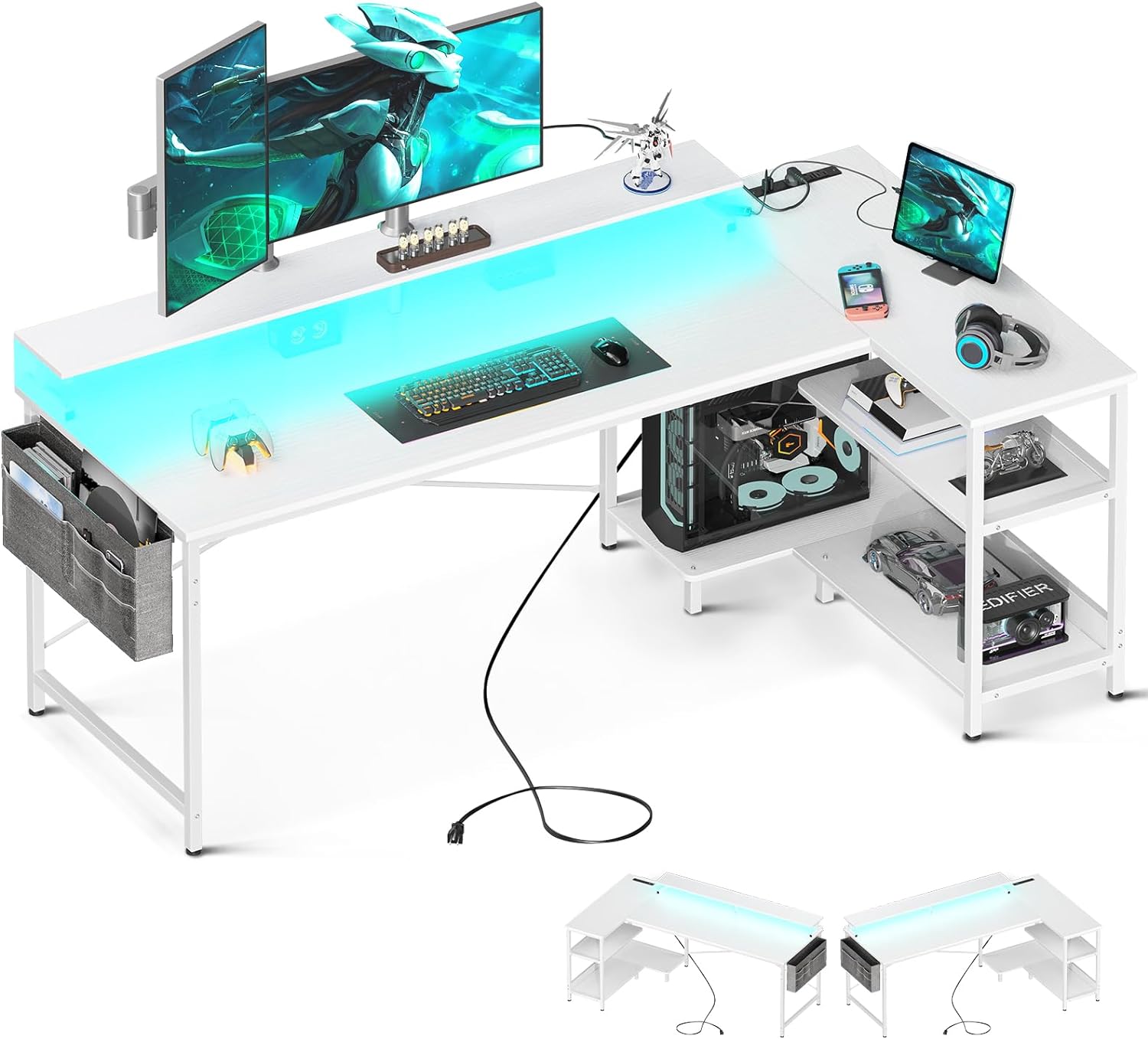 ODK 66 Inch Gaming Desk with USB Charging Ports and LED Lights, Reversible L Shaped Computer Desk with Storage Shelves & Monitor Stand, Corner Home Office Desk Table with Power Outlets, White