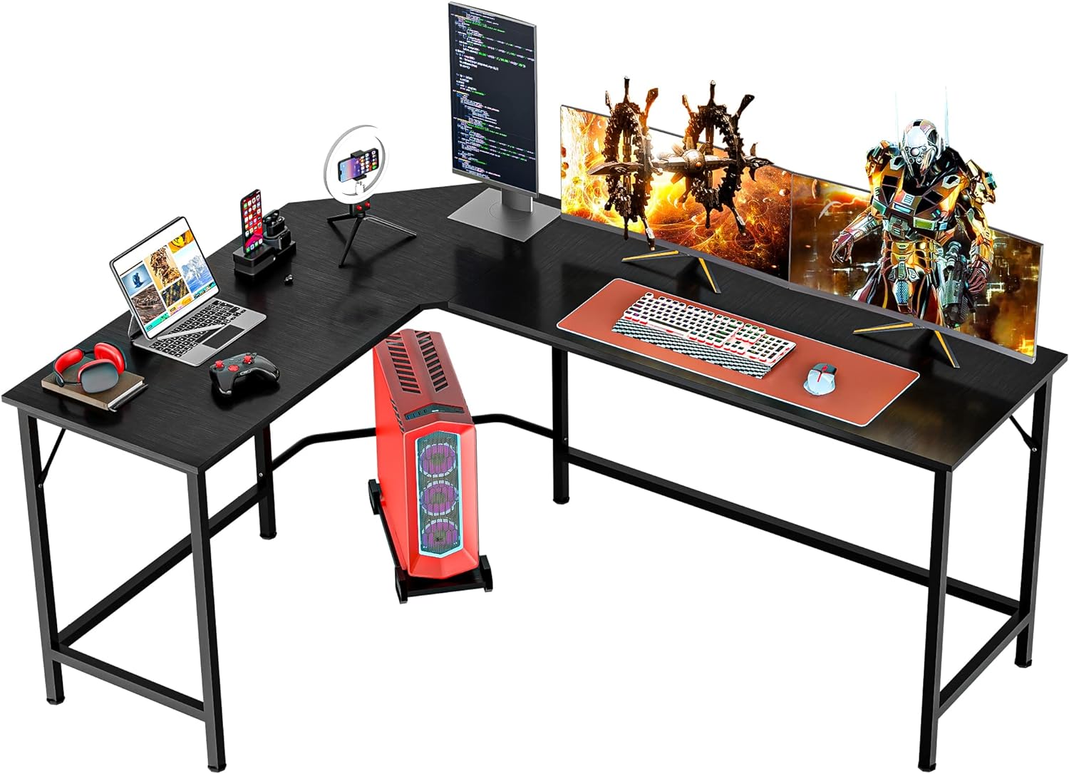 SUPER DEAL 66 L Shaped Gaming Corner Computer Desk with CPU Stand and Foot Rest Bar, PC Laptop Study Table Workstation Gaming Desk for Home Office, Black