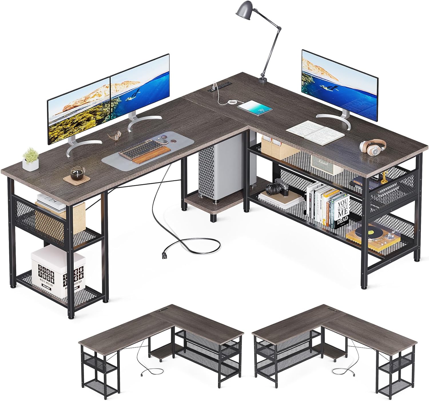 ODK 66 L Shaped Desk with Power Outlet and USB Charging Ports, Reversible L Shaped Computer Desk with Storage Shelves, Home Office Desk, Gaming Desk, Corner Desk, Grey Oak