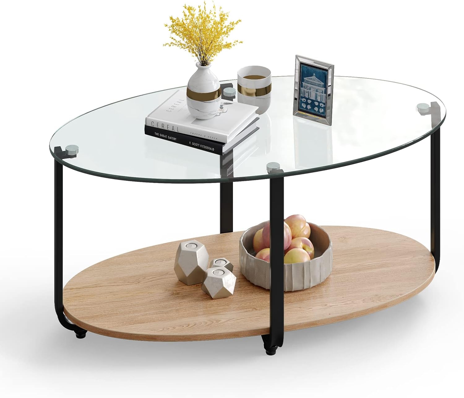 Tangkula Glass Coffee Table, 2 Tier Oval Tea Table with Tempered Glass Tabletop and Wooden Shelf, Modern Glass Sofa Center Table for Home Office, Metal Legs, Home Decor Accent Cocktail Table