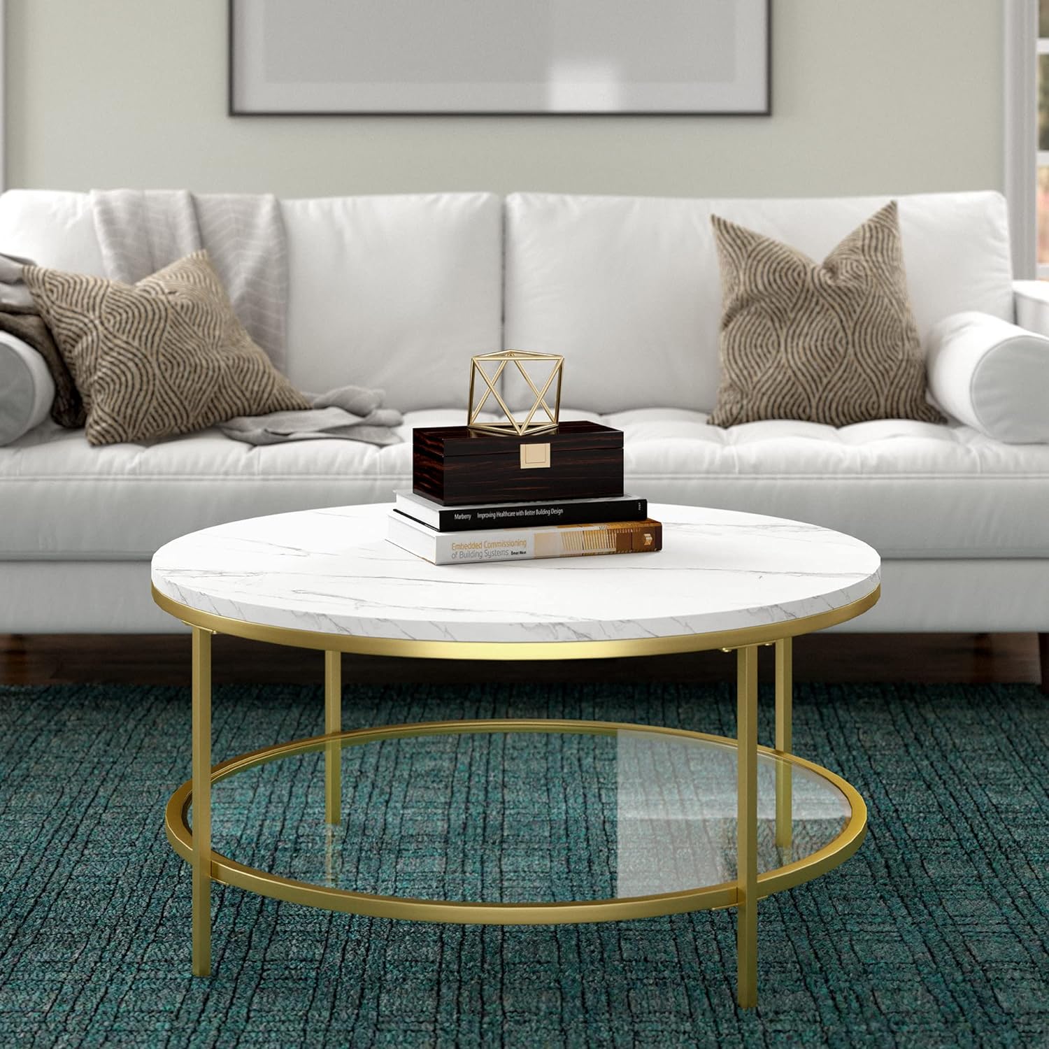 Henn&Hart 36 Wide Round Round Coffee Table with Faux Marble Top in Gold, Modern Round Coffee Tables for living room, studio apartment essentials