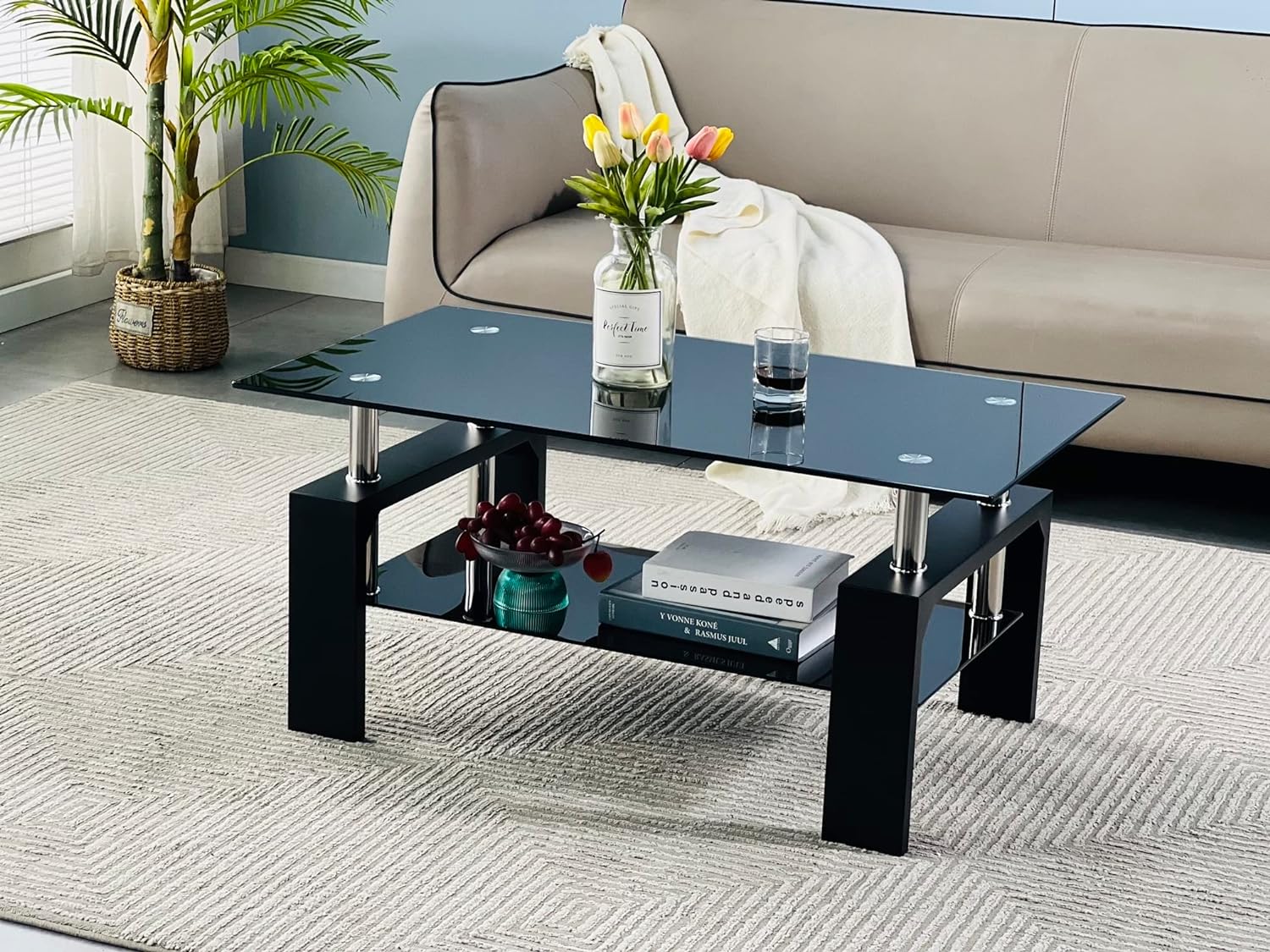 Living Room Rectangle Coffee Table, Tea Table Suitable for Waiting Room, Modern Side Coffee Table with Wooden Leg, Glass Tabletop with Lower Shelf, 39.5D x 23.5W x 17.5H in, Black