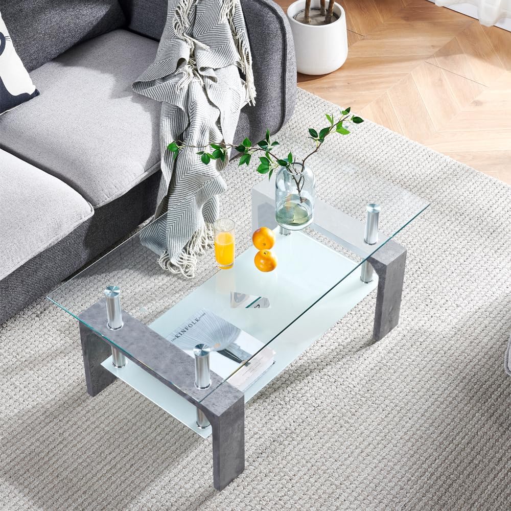 Living Room Rectangle Coffee Table, Tea Table Suitable for Waiting Room, Modern Side Coffee Table with Wooden Leg, Glass Tabletop with Lower Shelf,Grey Marble