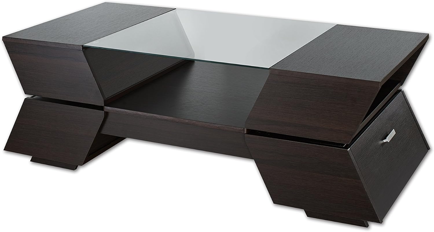 ioHOMES Annika Modern Wooden Frame Glass-Top Coffee Table with Open Shelves and Drawers, 47, Espresso