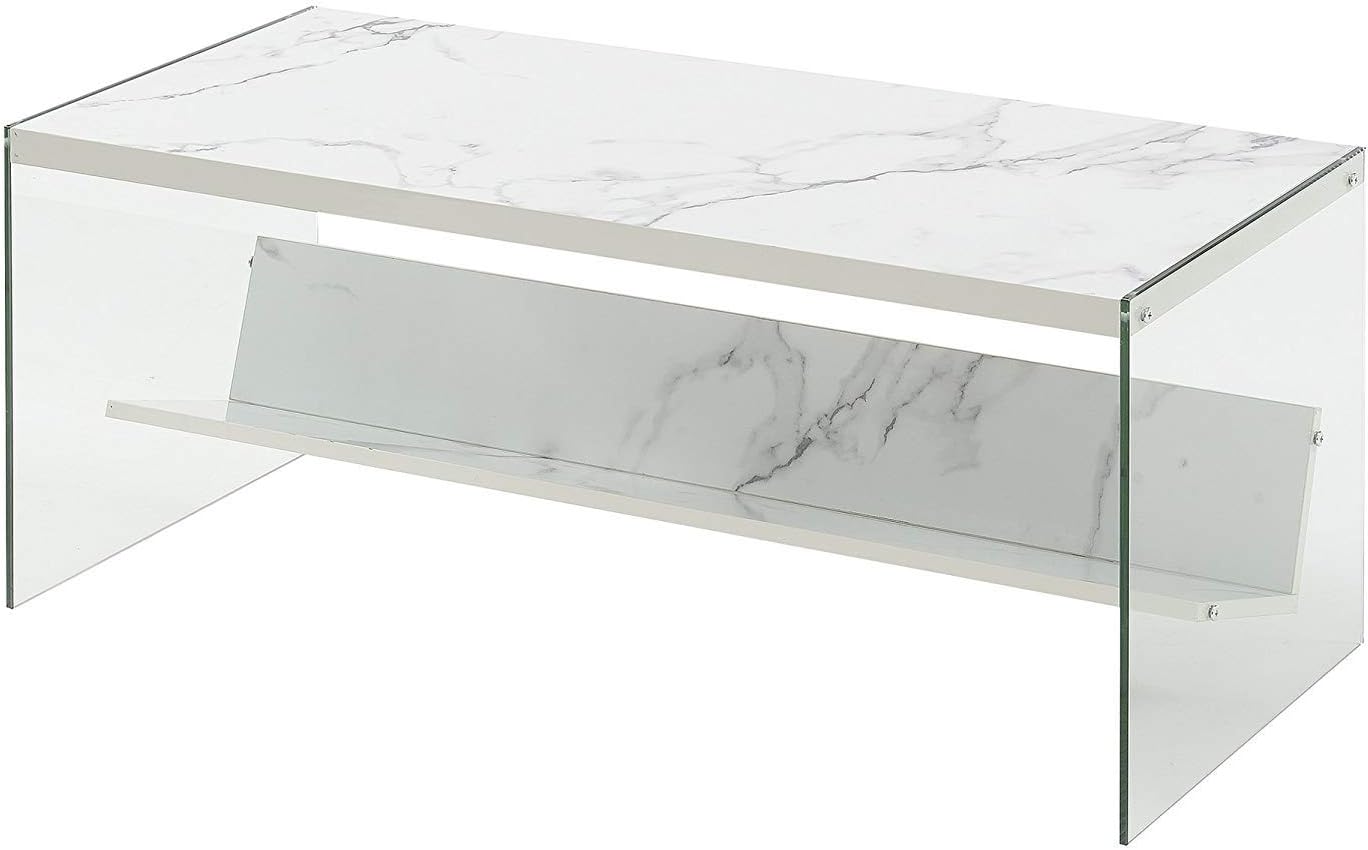 Convenience Concepts SoHo Glass Coffee Table with Shelf, White Faux Marble/Glass