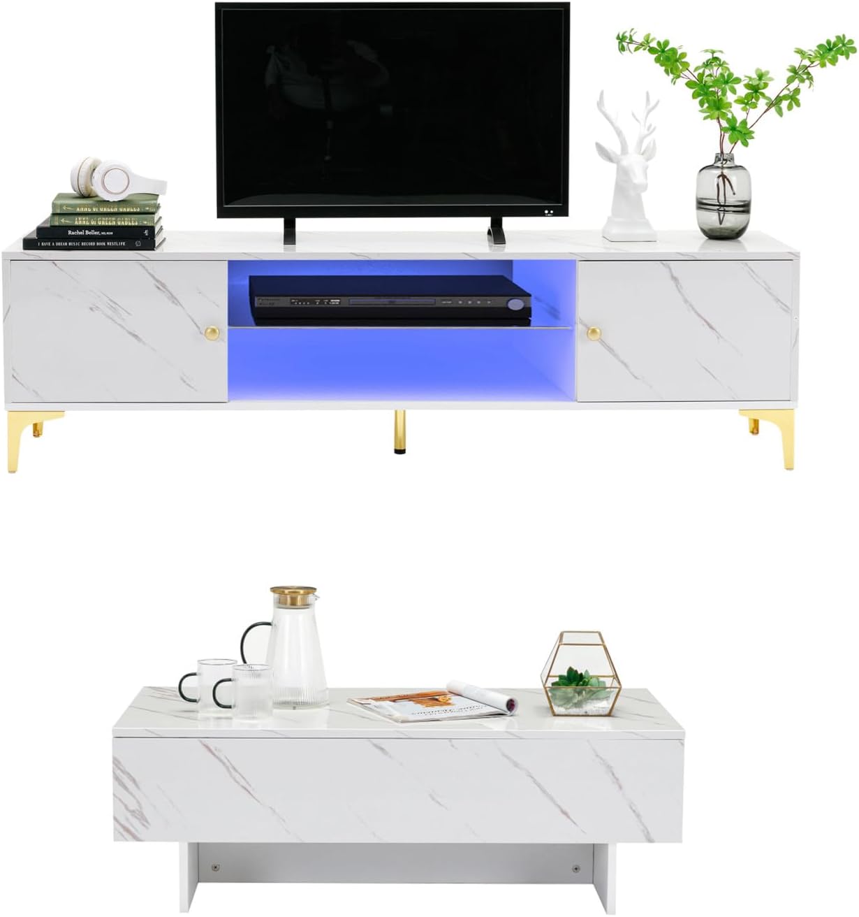 COSVALVE 2 Pieces Marble White Table Set Includes High Gloss Modern Coffee Tabe and Contemporary LED TV Stand for Living Room, Office