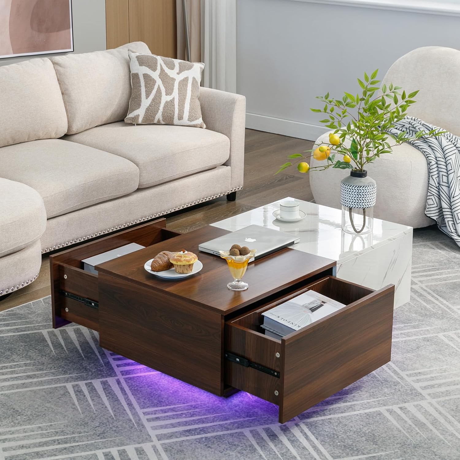 COSVALVE Coffee Table, Walnut and Marble White Living Room Table, Mid Century Modern Wood Center Table with 2 Storage Drawers & 24 Colors LED Light