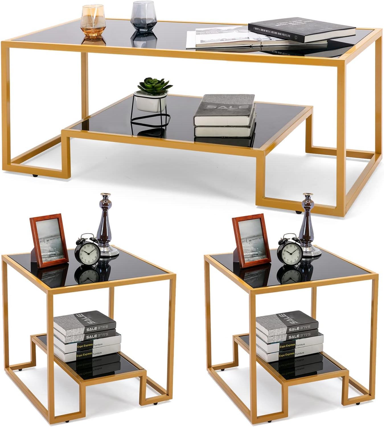COSVALVE Simple Modern Glass 3-Piece Table Set, Includes Coffee Table and 2 End Tables, Brass