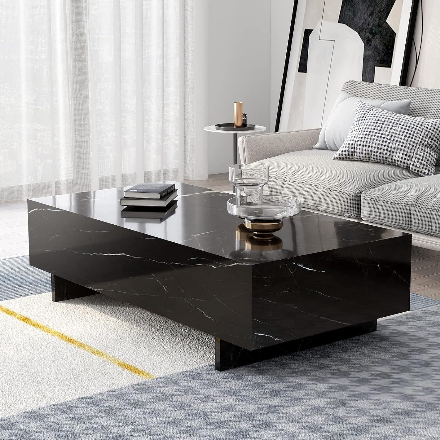 COSVALVE Marble Rectangle Coffee Tables for Living Room,Black Modern Side Table,Contemporary High Gloss Elegant Center Table for Waiting Area,41.3 Lx19.7 Wx13.8 H,Black
