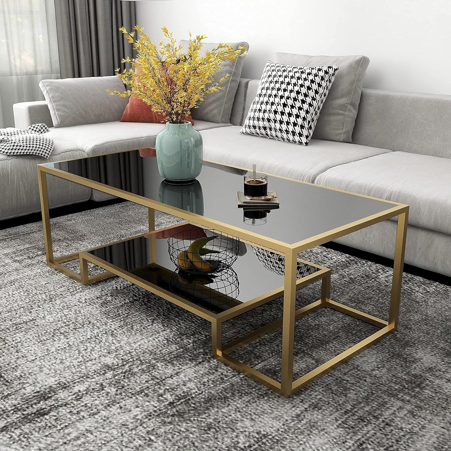 COSVALVE Glass Coffee Table, Brass Accent Modern Tempered Glass Side Table, Additional Storage Shelf & Metal Frame, for Living Room Home Classy Furniture Office Decor