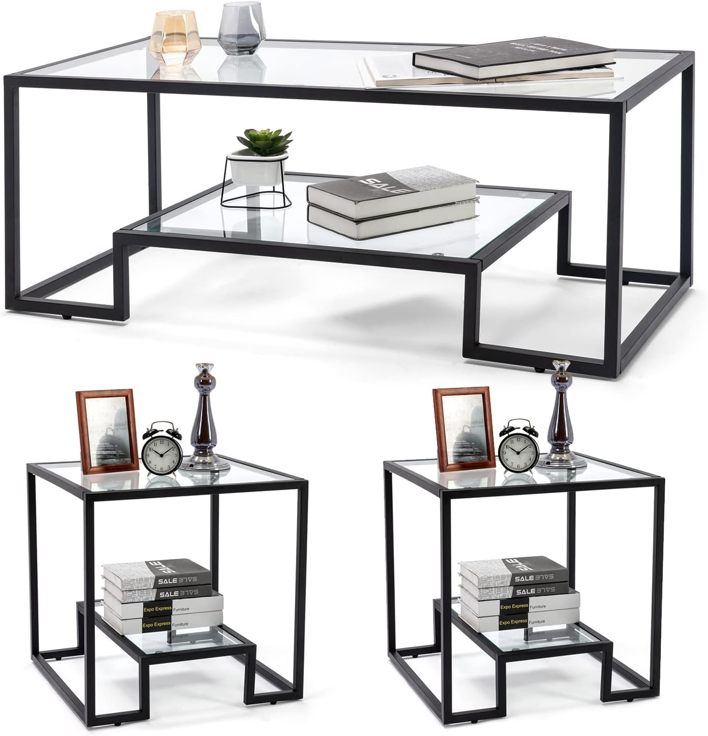 Simple Modern Glass 3-Piece Table Set, Includes Coffee Table and 2 End Tables, Black