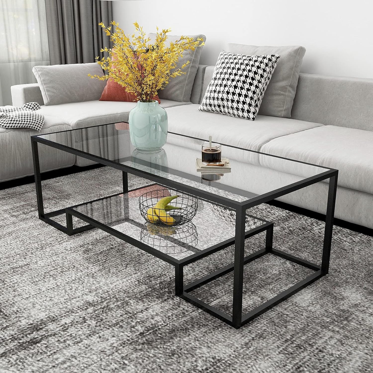 Metal Glass Coffee Table, Black Accent Modern Tempered Glass Side Table, Additional Storage Shelf, for Living Room Home Classy Furniture Office Decor