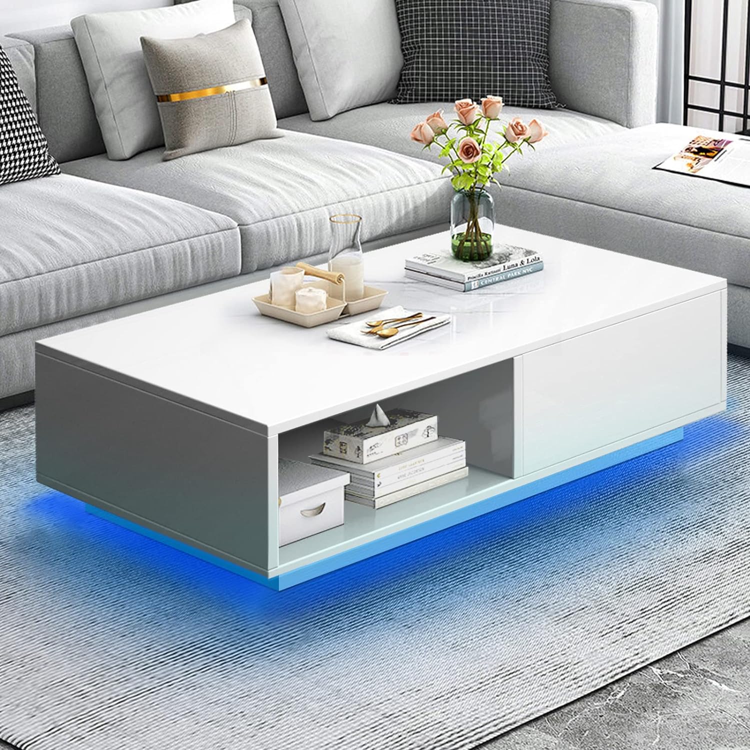 COSVALVE Modern White LED Coffee Tables for Living Room with Drawer & 16-Color LED Lights, Rectangle Living Room Sofa Table with Ample Storage Space(23.6 D x 43.3 W x 15.7 H)