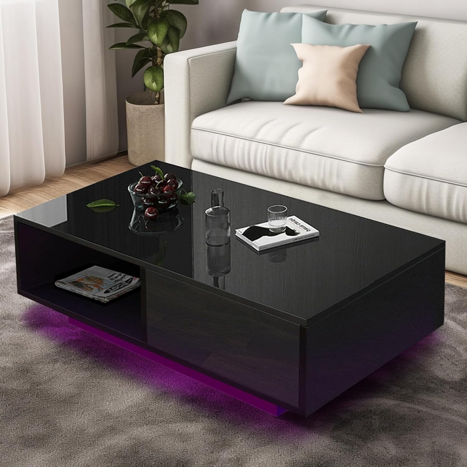 COSVALVE 43.3IN LED Black Coffee Tables for Living Room with 16 Colors LED Lights Modern Coffee Table with Storage Drawer Rectangle Center Table for Home Furniture