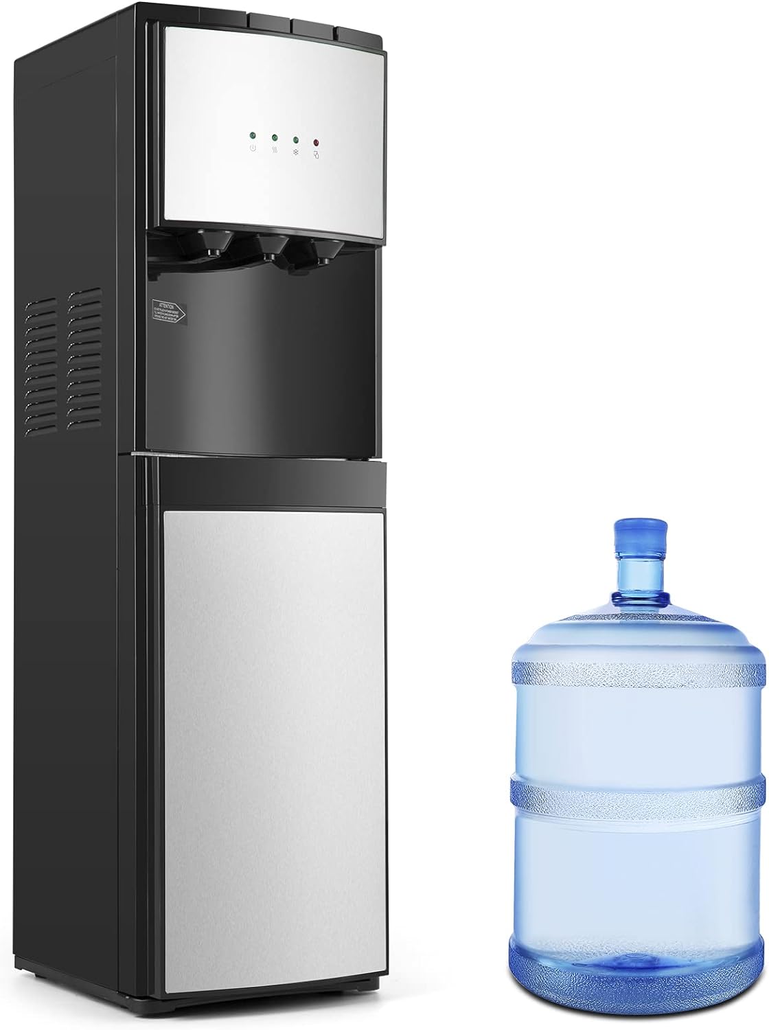 Bottom Loading Water Dispenser 5 Gallon,Hot Cold and Room Water Cooler with 3 Temperature Spouts, Empty Bottle Indicator Child Safety Lock Stainless Steel Black Home and Office Use