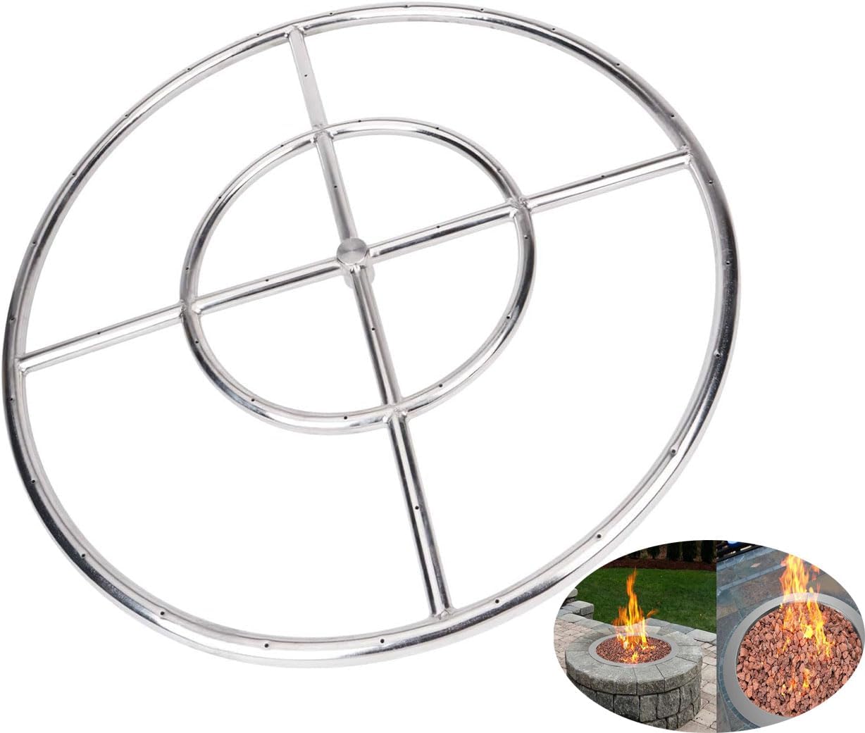 24 Inch Fire Pit Ring Burner, Round Fire Pit Burner for Fire Pit, Natural Gas & Propane Fireplace, 304 Series Stainless Steel, BTU 296,000 Max Vent