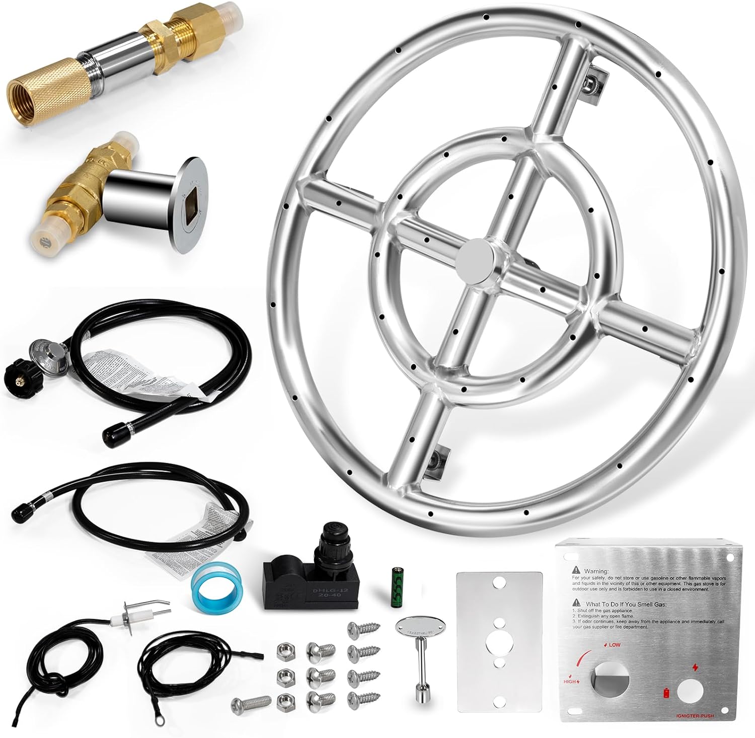 Hiorucet 12 Inch Fire Pit Burner Ring Kits, DIY Propane Gas Firepit Insert Round Burner with Igniter Kits and Propane Hose Kits for Indoor or Outdoor, Stainless Steel LP Fire Pit Replacement Parts.