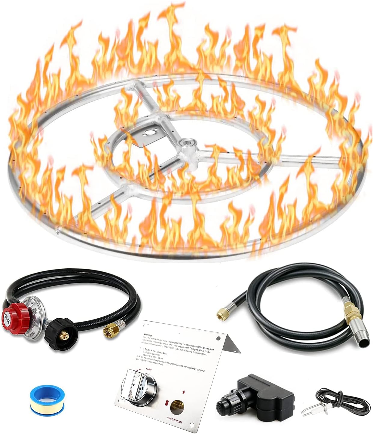 Hisencn Fire Pit Burner Ring Kit 18 Inch, 304 Stainless Steel Fire Pit Insert Round with Spark Ignition and Propane Hose Kit for Indoor or Outdoor Fire Table, LP and Propane Gas Fire Pit