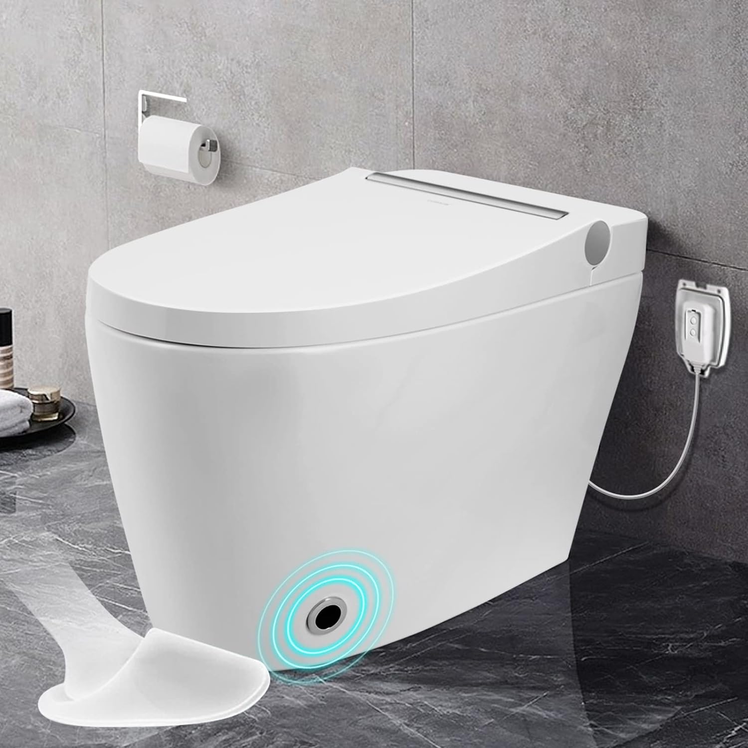Cosvalve Heated Seat Smart Toilet, One Piece Toilet, Automatic Flush Tankless Toilet without Bidet, Foot sensor Flush, Blue Night Light, Knob Control, Power Outage Flushing