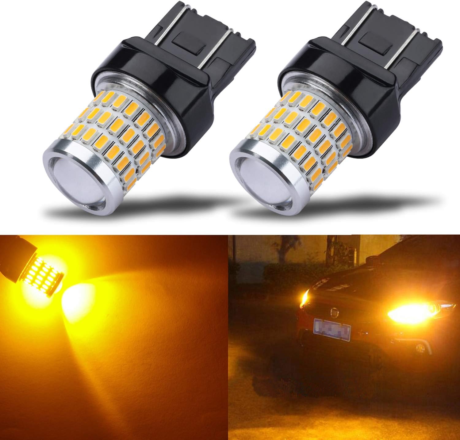 iBrightstar Newest 9-30V Super Bright Low Power 7443 7440 T20 LED Bulbs with Projector Replacement for Front Rear Turn Signal Lights, Amber Yellow