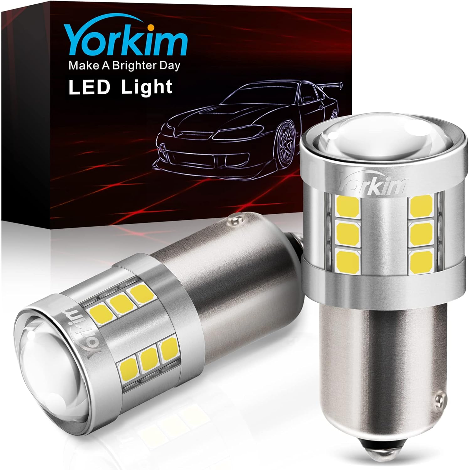 Yorkim 1156 LED Bulb White, 3000 Lumens 300% Super Brighter LED Reverse Lights, BA15S P21W 7506 1003 1141 Led Bulbs for Car Backup Tail Brake Turn Signal Blinker Lights, Pack of 2