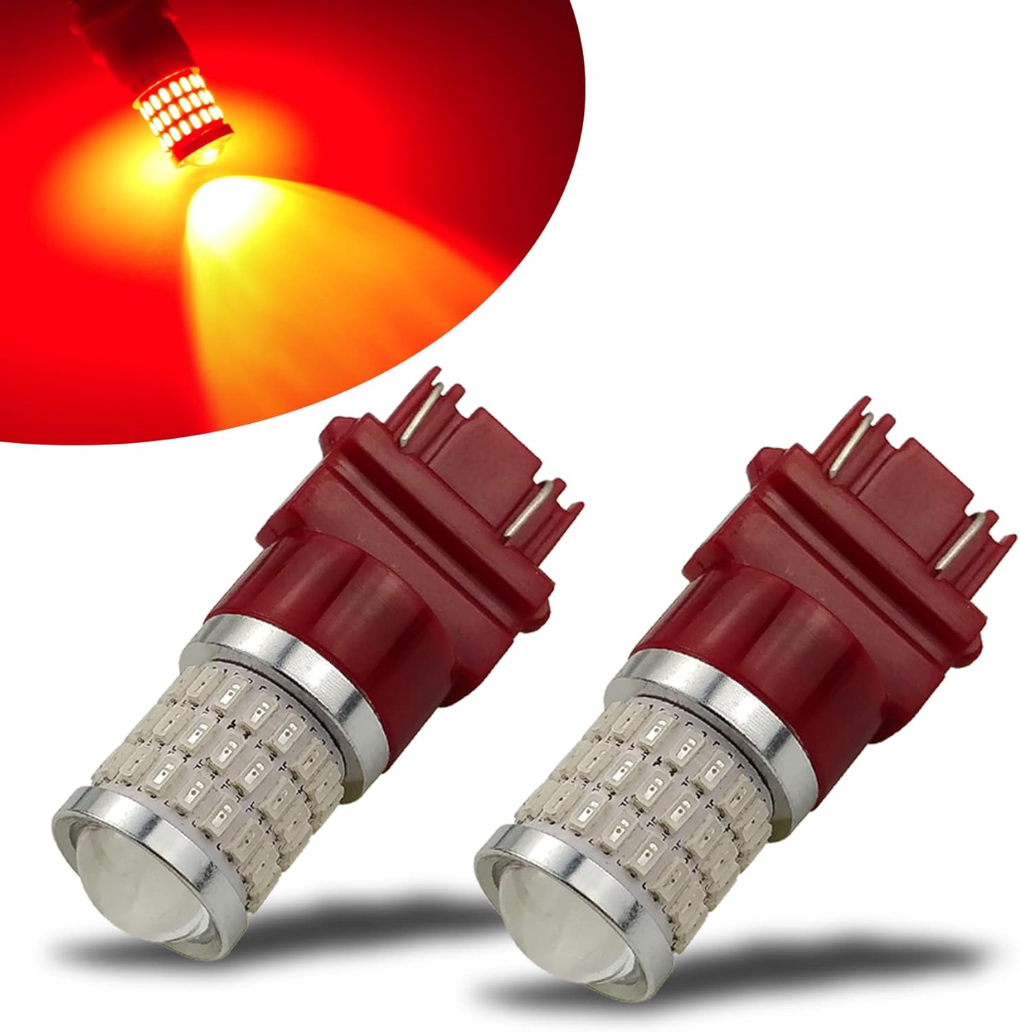 iBrightstar Newest 9-30V Flashing Strobe Blinking Brake Lights 3157 3057 3156 3056 LED Bulbs with Projector Replacement for Tail Brake Stop Lights, Brilliant Red