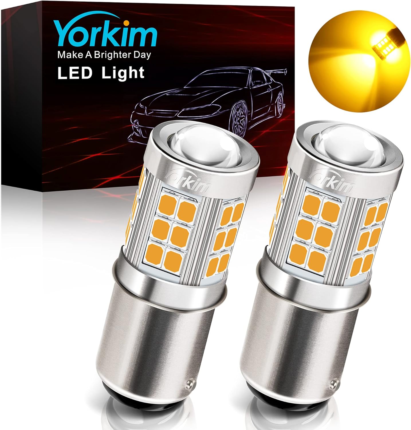 Yorkim 1157 LED Bulb Amber, 1157 led turn signal bulb, 2357 led bulb 2057 7528 BAY15D Replacement for Turn Signal Blinker Lights Side Marker Lights, Amber Yellow, pack of 2