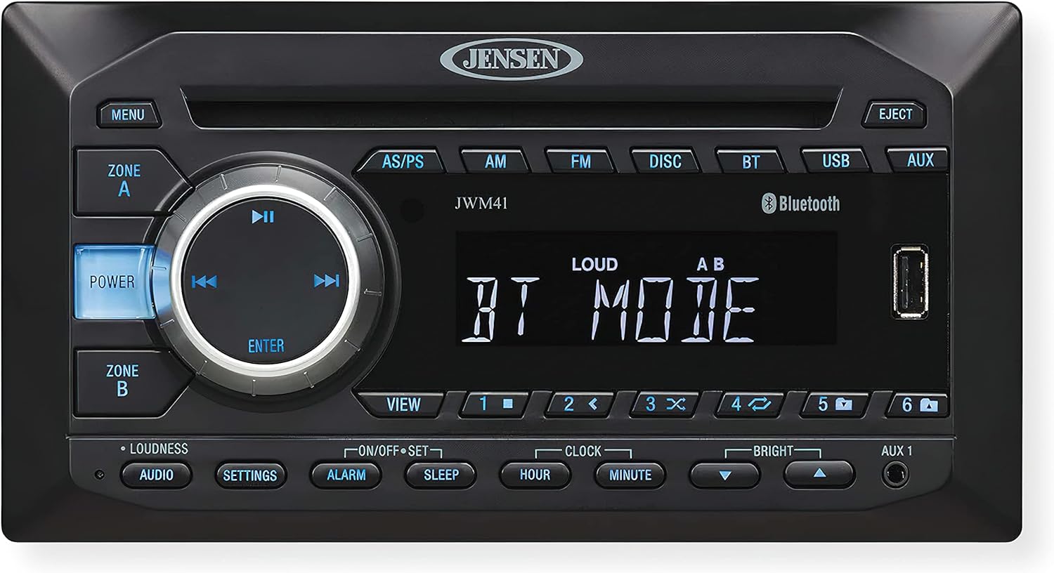 Jensen JWM41 2-Speaker Zones AM/FM|DVD|CD|USB|AUX| Bluetooth Wallmount Stereo, Speaker Output 4X 6 Watt, Plays: CD, CD-R, CD-RW, DVD, DVD+RW, DVD-RW, DVD-Video, MPEG-4, VCD, JPEG, CD-DA, MP3, WMA