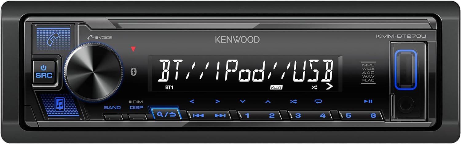 KENWOOD KMM-BT270U Bluetooth Digital Media Car Stereo Receiver with USB Port  AM/FM Radio, MP3 Player, High Contrast LCD, Detachable Face Plate, Single DIN, 13-Band EQ