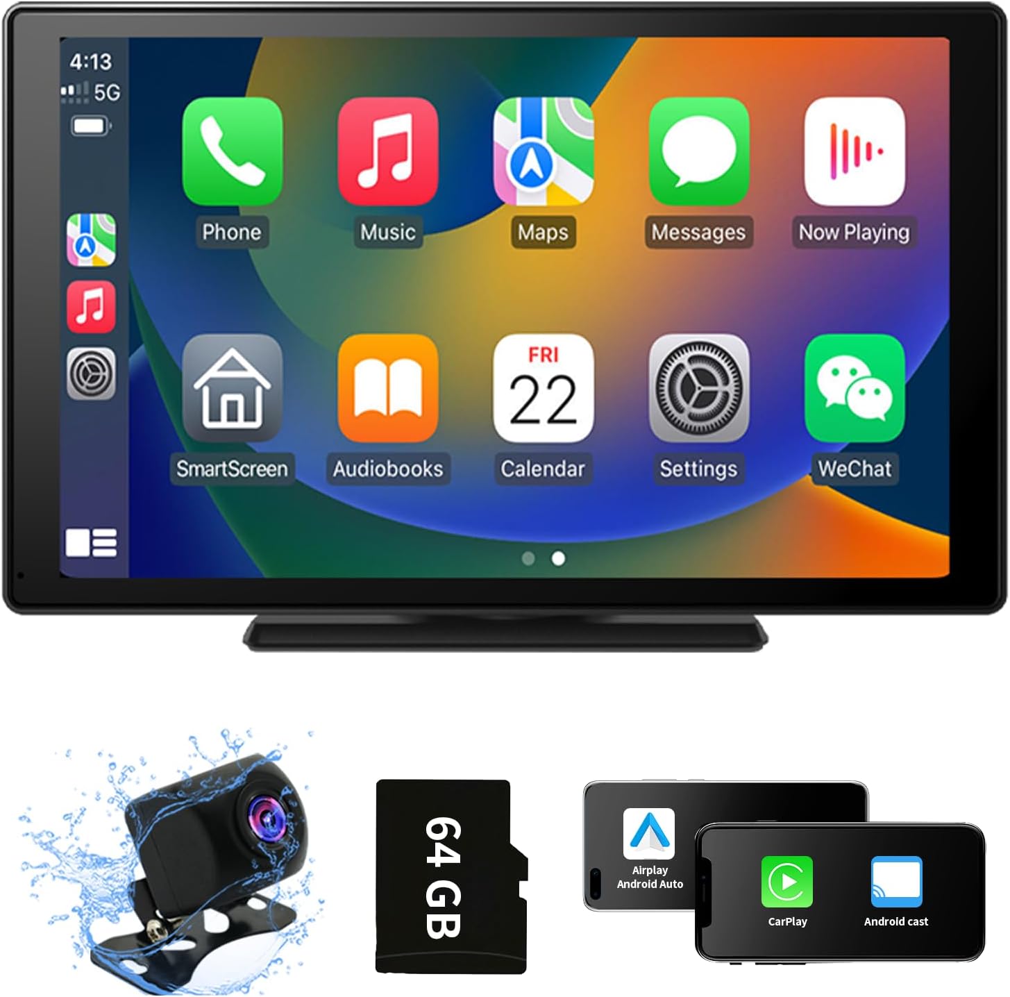 CarPlay 9 inch Portable Car Stereo,Wireless Carplay & Android Auto,Portable Touch Screen Car Play GPS Navigation,Car Audio Receivers with 1080P Backup Camera,Bluetooth, Mirror Link,FM, Siri