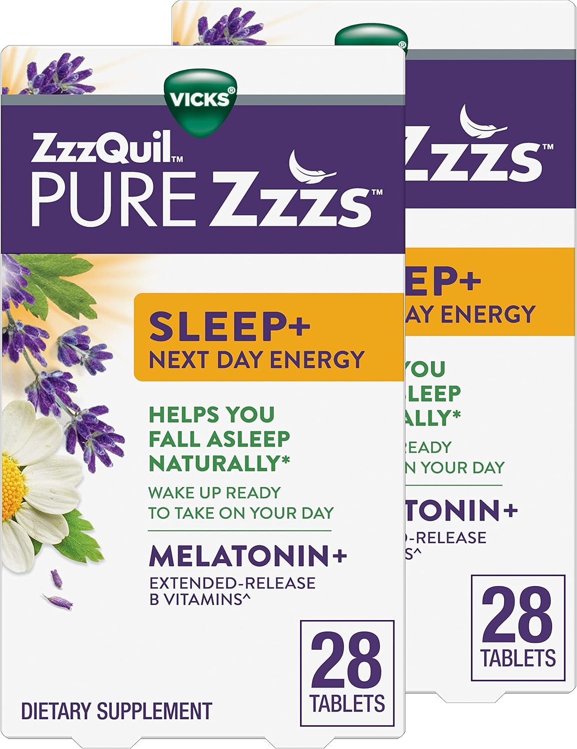 Vicks ZzzQuil PURE Zzzs Sleep+ Next Day Energy Extended Release Tablets, Immediate Release Melatonin, Extended Release B-Vitamins B1, B6, B12, Wake Up Ready to Take on the Day, Count 2x28