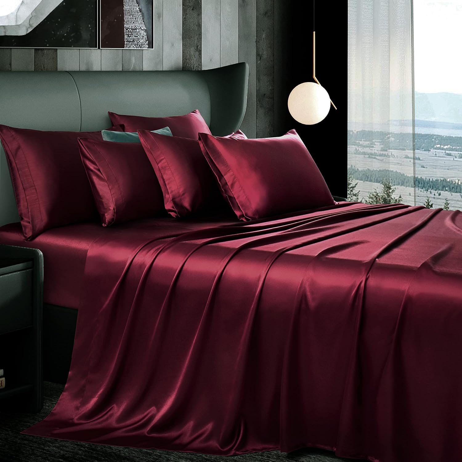 7Pcs Maroon Satin Sheets King Size Silky Satin Bed Sheets Set, Luxurious & Soft Satin Bedding Set - 1 Satin Fitted Sheet, 1 Satin Flat Sheet, 4 Satin Pillowcases + 1 Body Pillow case