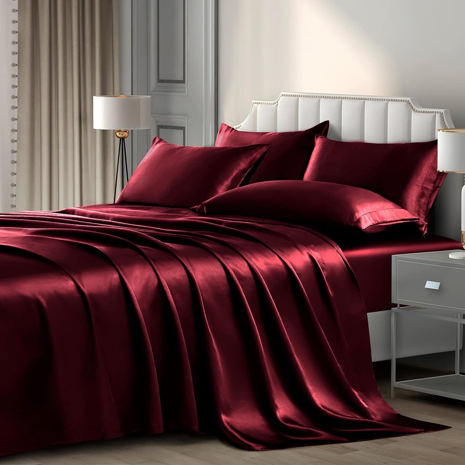 P Pothuiny 6 Pieces Queen Satin Sheets Luxury Silky Burgundy Satin Bedding Sheet Set, 1 Deep Pocket Fitted Sheet + 1 Flat Sheet + 4 Pillow Cases