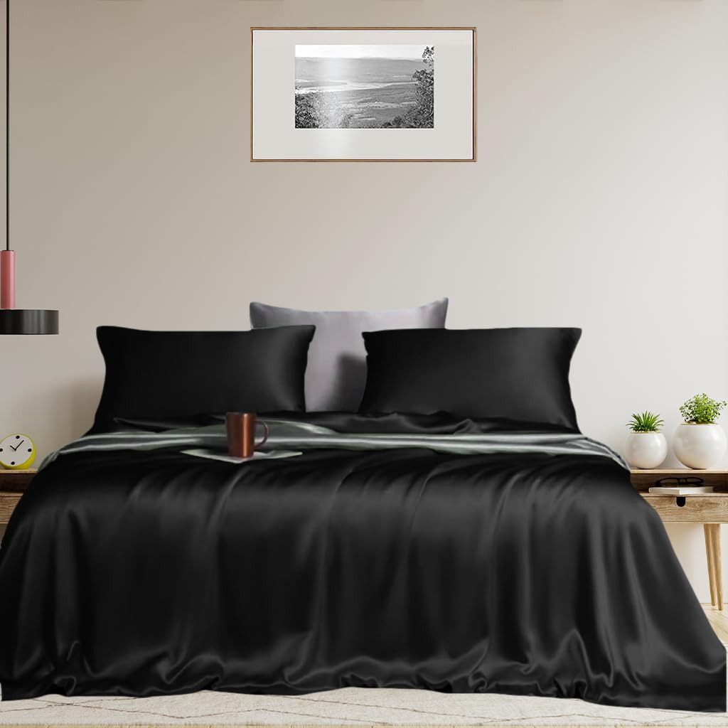 Linenwalas Black Silk Sheets Queen-100% Austrian Eucalyptus Tencel Lyocell 4Pc Sheets Set, Softest & Cooling-Deep Pocket Bottom Bed Sheet, Large Top Sheet & Pillowcases (Black Silk Sheets Queen)